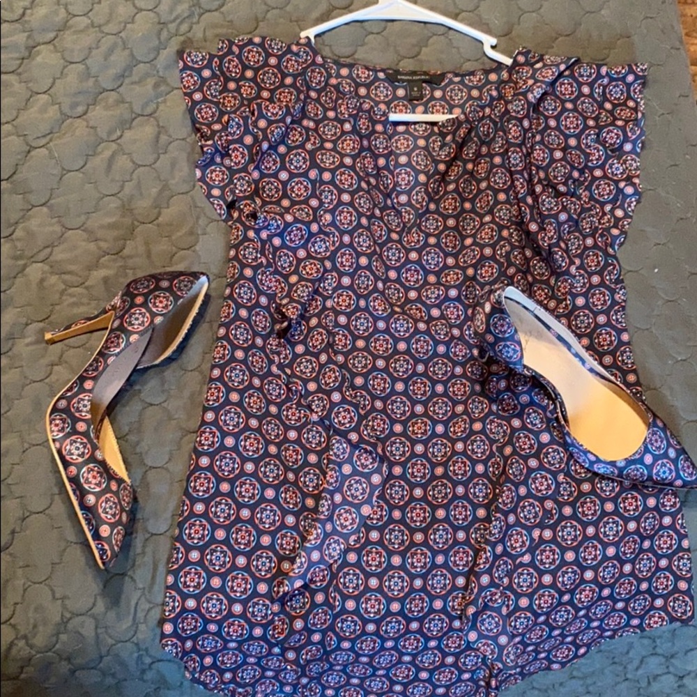 Banana Republic matching shirt and heels.